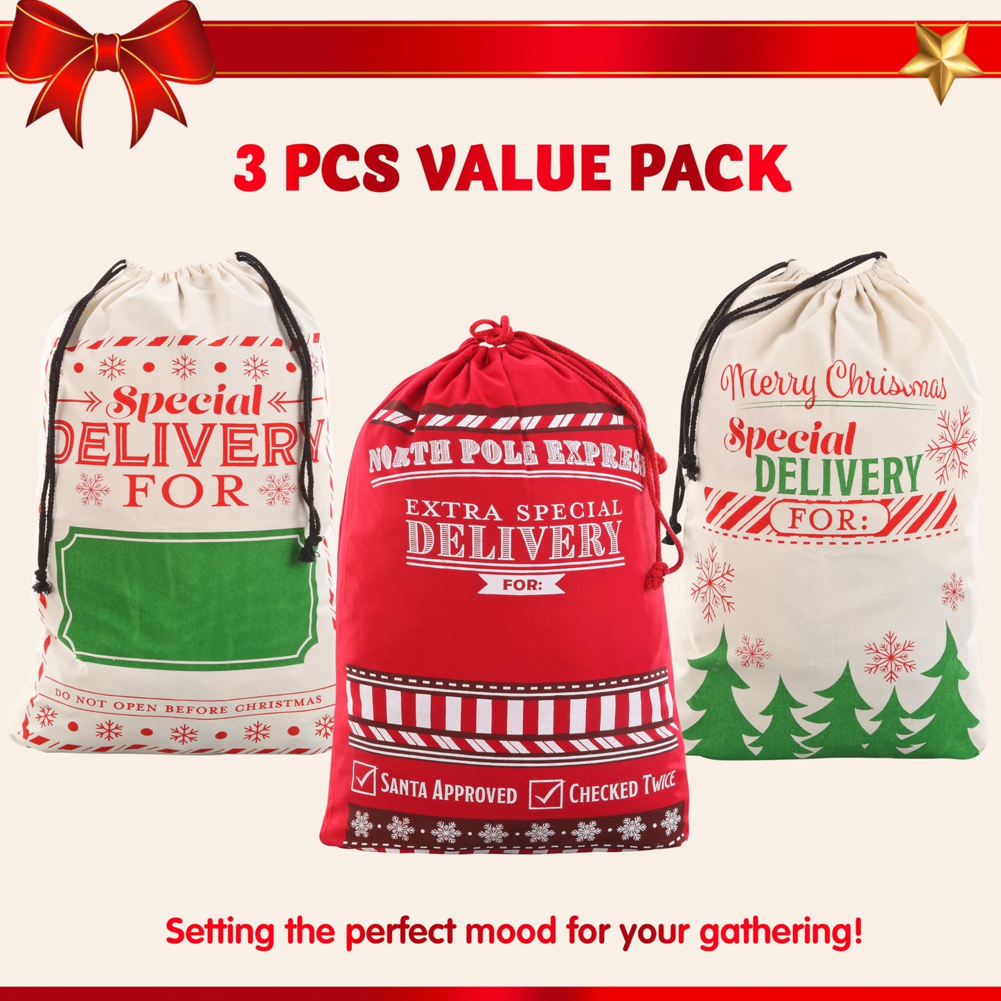 JOYIN 3 PCS Christmas Drawstring Santa Burlap Sack 26" x 19", Large Canvas Gift Bag Reusable Personalized Cloth Pouch for Xmas Presents Package, Party Supplies, Hoilday Decoration