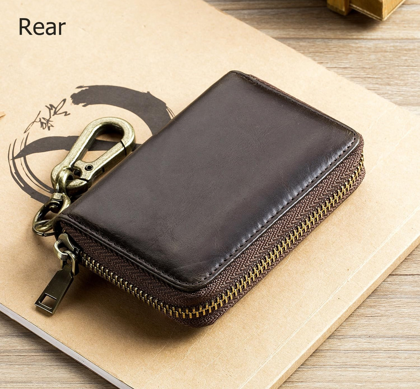 Men's Zipper Key Organizer Rfid Wallet with 6 Hooks Leather Key Holder Case (Dark brown)