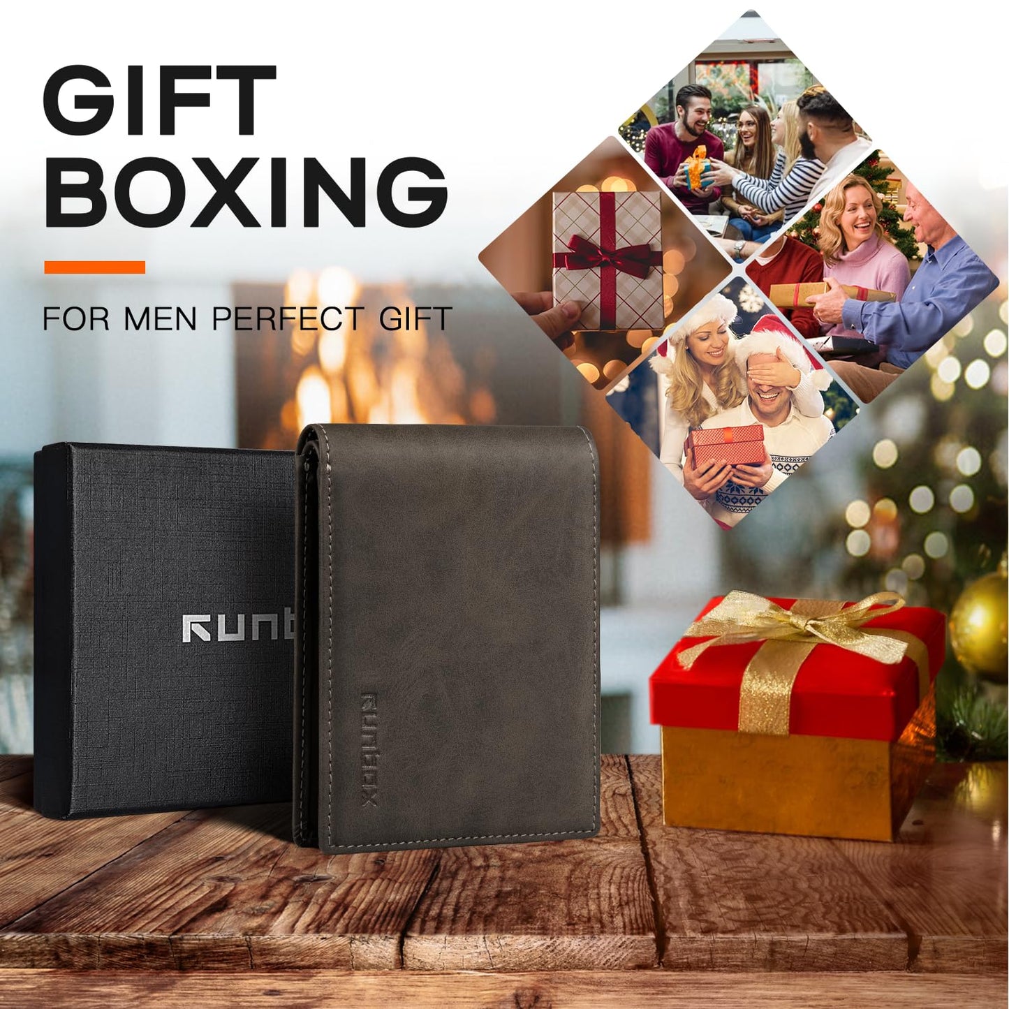 RUNBOX Wallet for Men Slim Leather Bifold RFID Blocking Minimalist Front Pocket Design with Gift Box