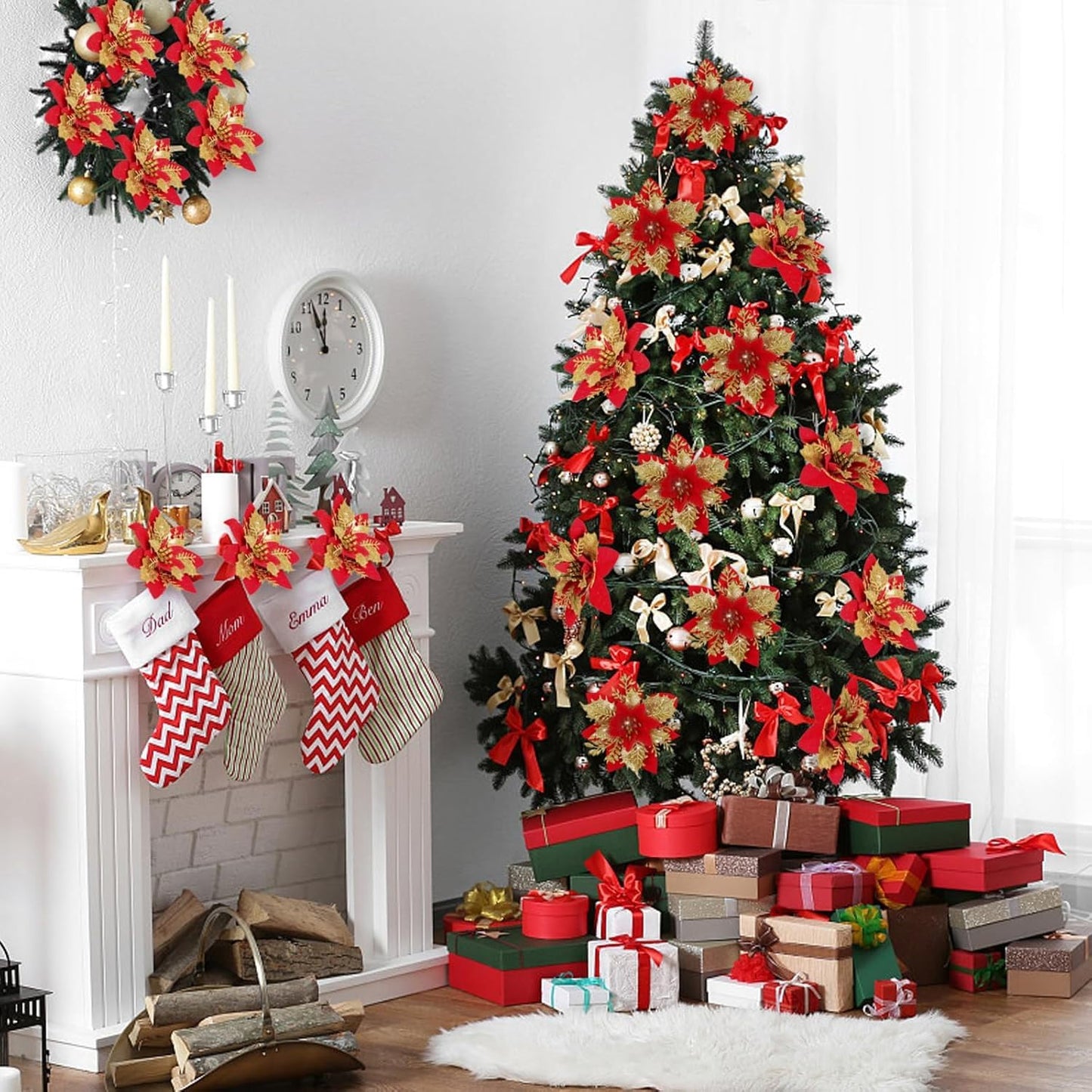 werdecade 12-Pack Christmas Flower Picks, Gold Red Glitter Poinsettia Floral Stems with Alligator Clips for Wreaths, Xmas Tree Decor, Holiday Arrangements (red Silver)