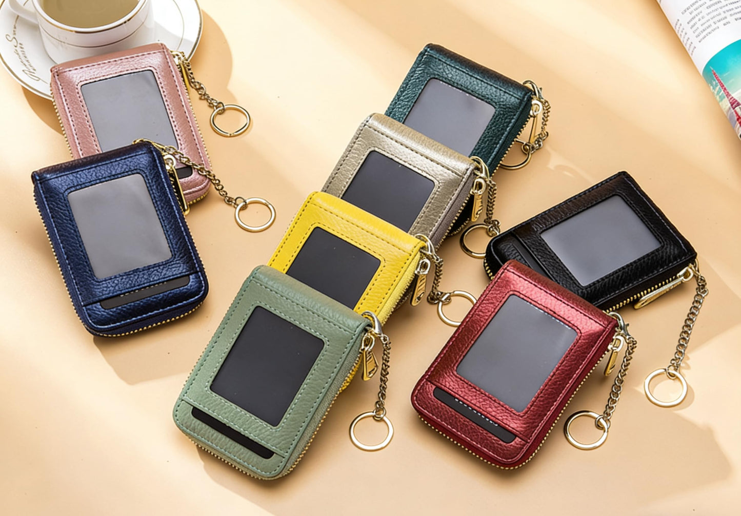 BAKUN RFID Blocking Leather Slim Zipper Business/Credit Card Wallet Case Holder with Clear Photo Slot, Security Travel Wallet (Navy)