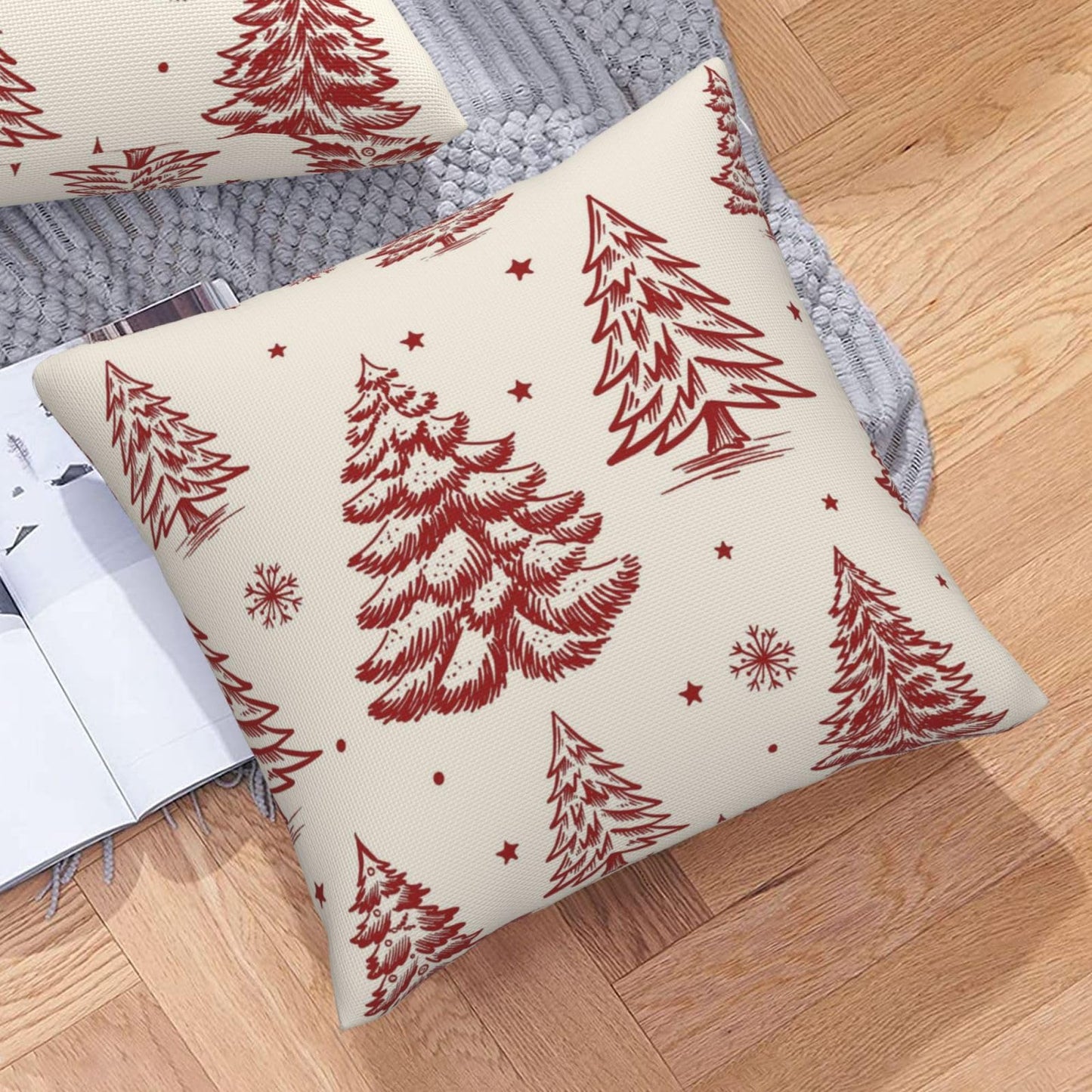 ALNMVVON Christmas Tree Pillow Covers Xmas Red and Cream Pine Tree Decorative Throw Pillows Covers 18x18 Inch Set of 2 Winter Xmas Holiday Pillowcase Farmhouse Cushion Cover for Couch Sofa Bedroom