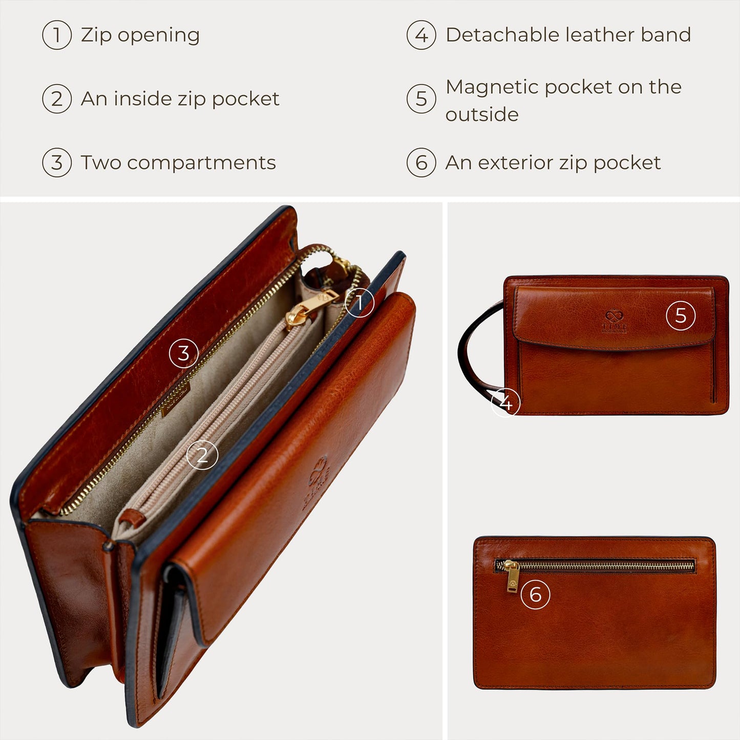 Time Resistance Leather Clutch for Men - Organizer Wrist Bag Briefcase - Handmade in Italy (Cognac Brown) - Gift Box Included