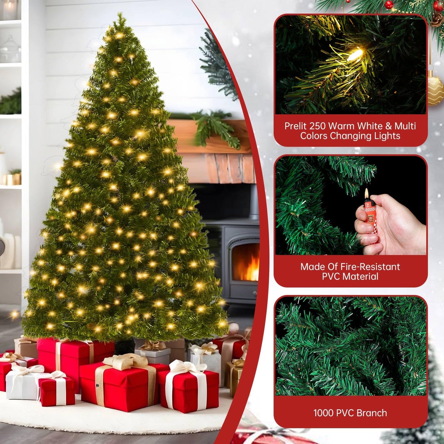 LEVELEVE Premium Pre-Lit 6FT Classic Artificial Holiday Christmas Tree w/1,000 Branch Tips,250 LED Lights for Home,Office,Party Decoration