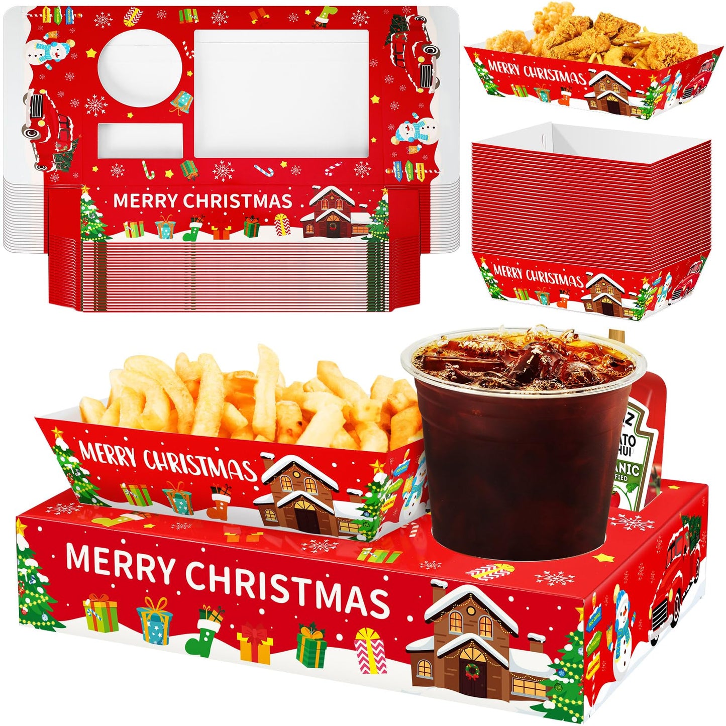 Jansun 36Pcs Christmas Movie Night Snack Trays Candy Popcorn French Fries Snack Trays Christmas Movie Boxes for Snacks Tray Xmas Party Supplies