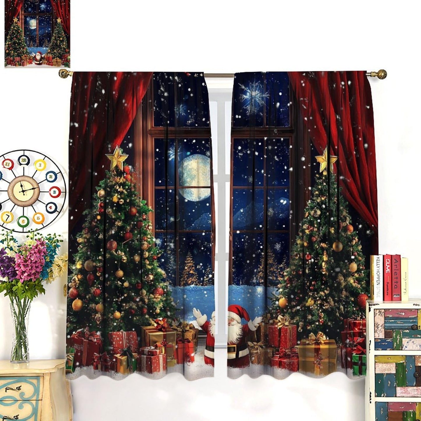 Merry Christmas Santa Claus Curtains Happy New Year Christmas Tree Snowflake for Living Room Bedroom Blackout Decor Window Drapes 42" W X 45" L