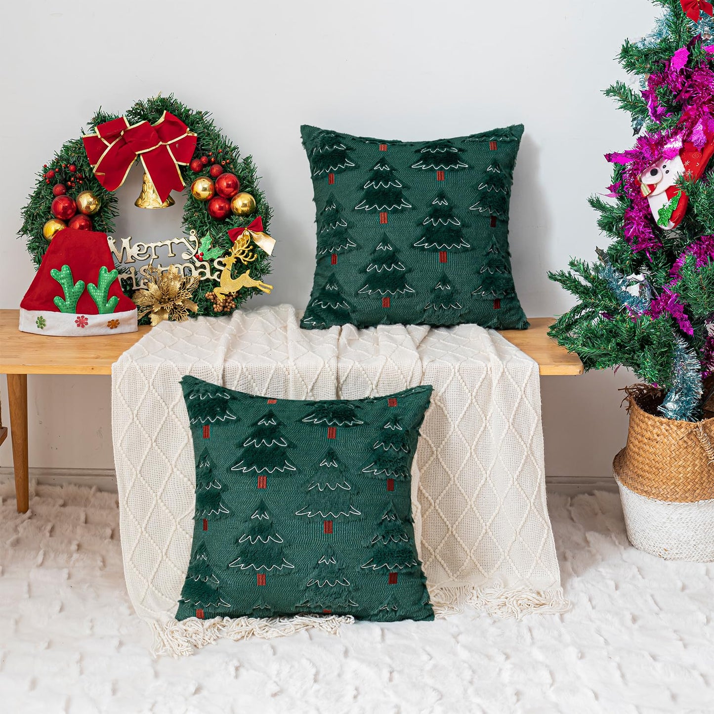 ZSkogur Christmas Throw Pillow Covers 18x18 Set of 2, Christmas Tree Decoration Cushion CoversCushion Covers Soft Faux Fur Pillow Cases for Sofa Couch Bed Winter Holiday Festivals Home Decor, Green