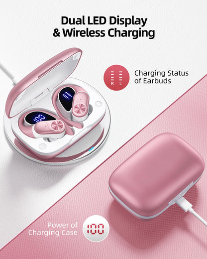 PocBuds Bluetooth Headphones Wireless Earbuds 80hrs Playtime Wireless Charging Case Digital Display Sport Ear Buds with Earhook Deep Bass IPX7 Waterproof Over-Ear Earphones for Phone Laptop Rose Gold