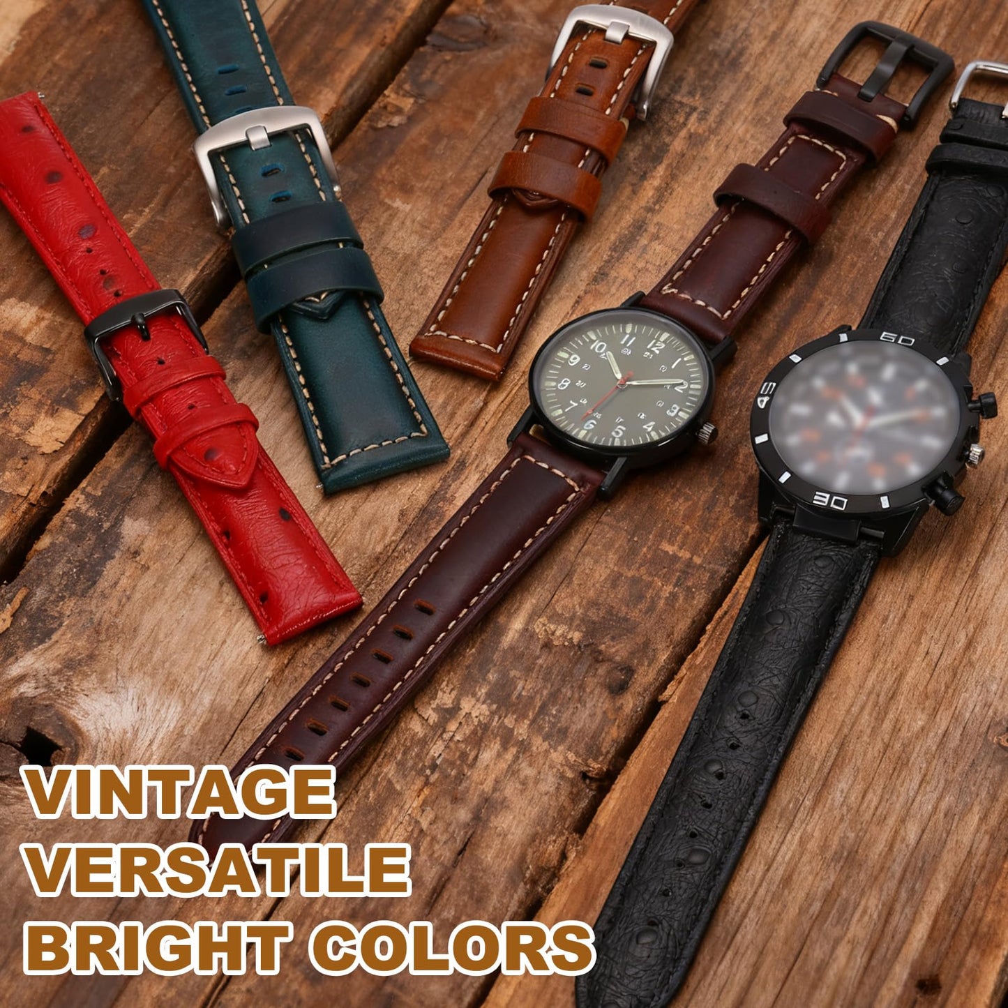 HARFINGTON Watch Band 22mm Width Vintage Top Grain Leather Quick Release Watch Strap Wristband Replacement Bands with Buckle Pin for Men Women Gifts, Silver-Red