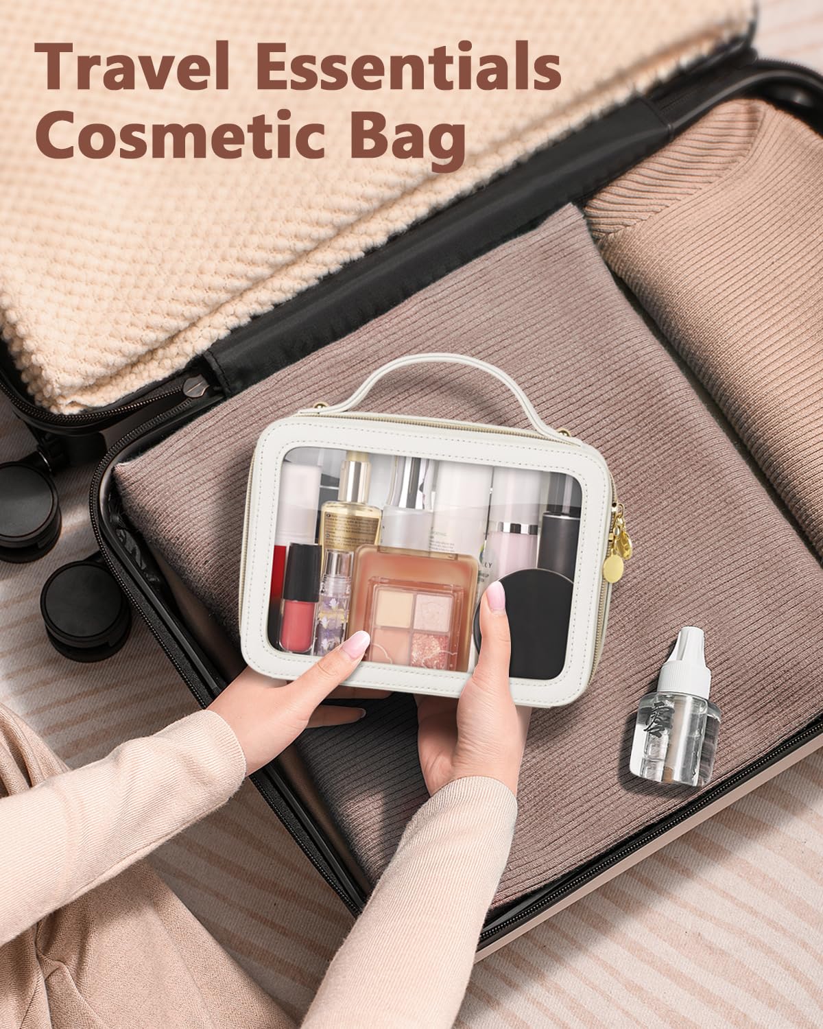 Soimeat Clear Makeup Bag, Portable Travel Cosmetic Bags, Multipurpose Leather Toiletry Bag with Zipper, Waterproof Transparent Cosmetic Organizer for Women, Medium, Beige