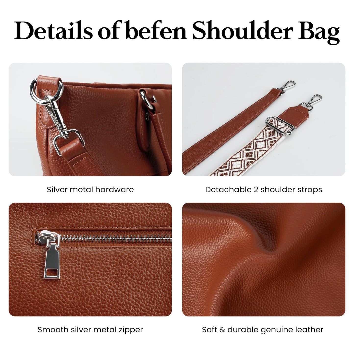 befen Brown Soft Real Leather Tote Bag for Women, Womens Leather Work Purses Handbags Crossbody Shoulder Bags with Top Handles Satchel Purse