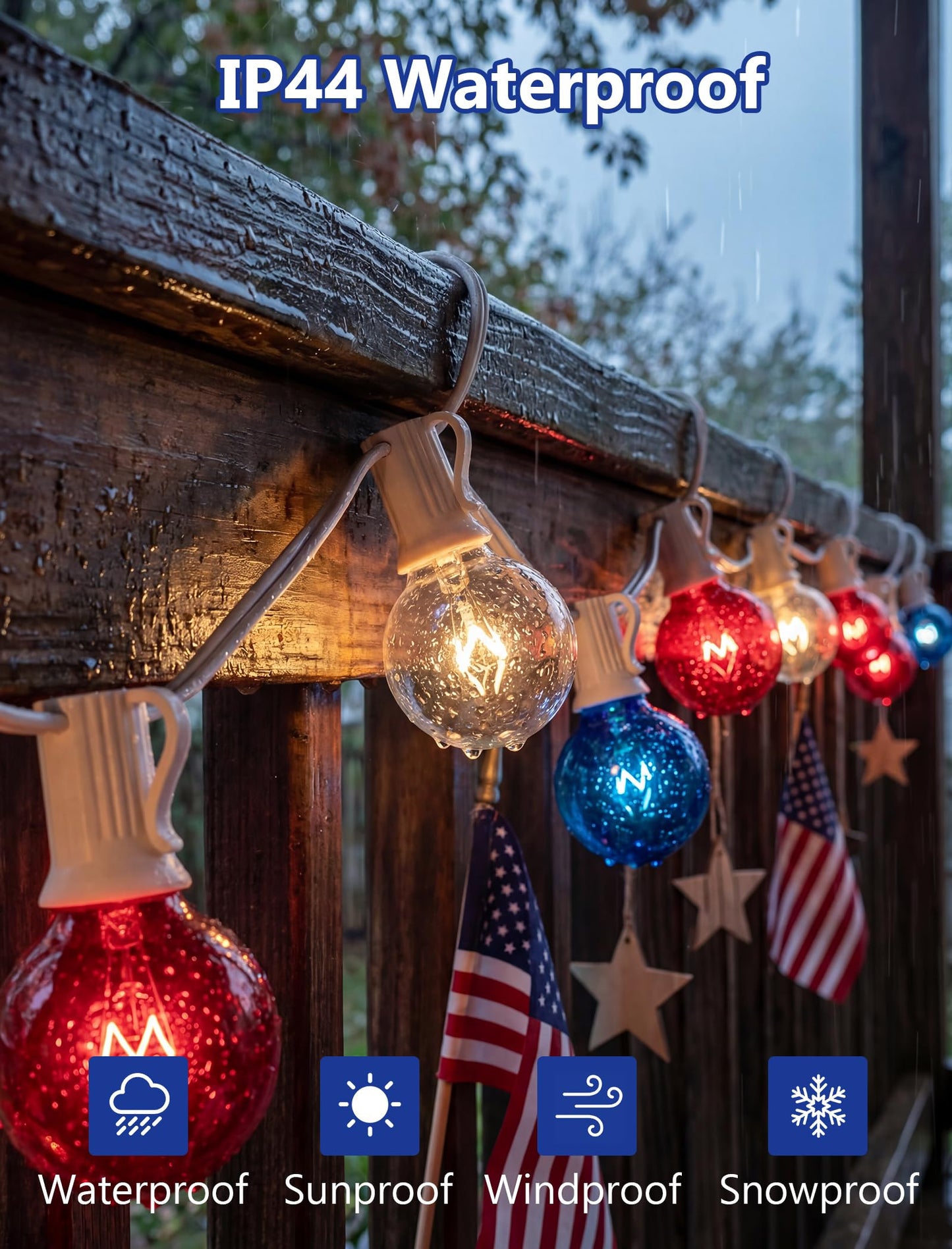 25Ft G40 Red White and Blue String Lights, 4th of July Decorations Lights Plug in with 27 5W Globe Light Bulbs, Waterproof Outdoor Patriotic Lights for Memorial Day Independence Day Home Patio Decor