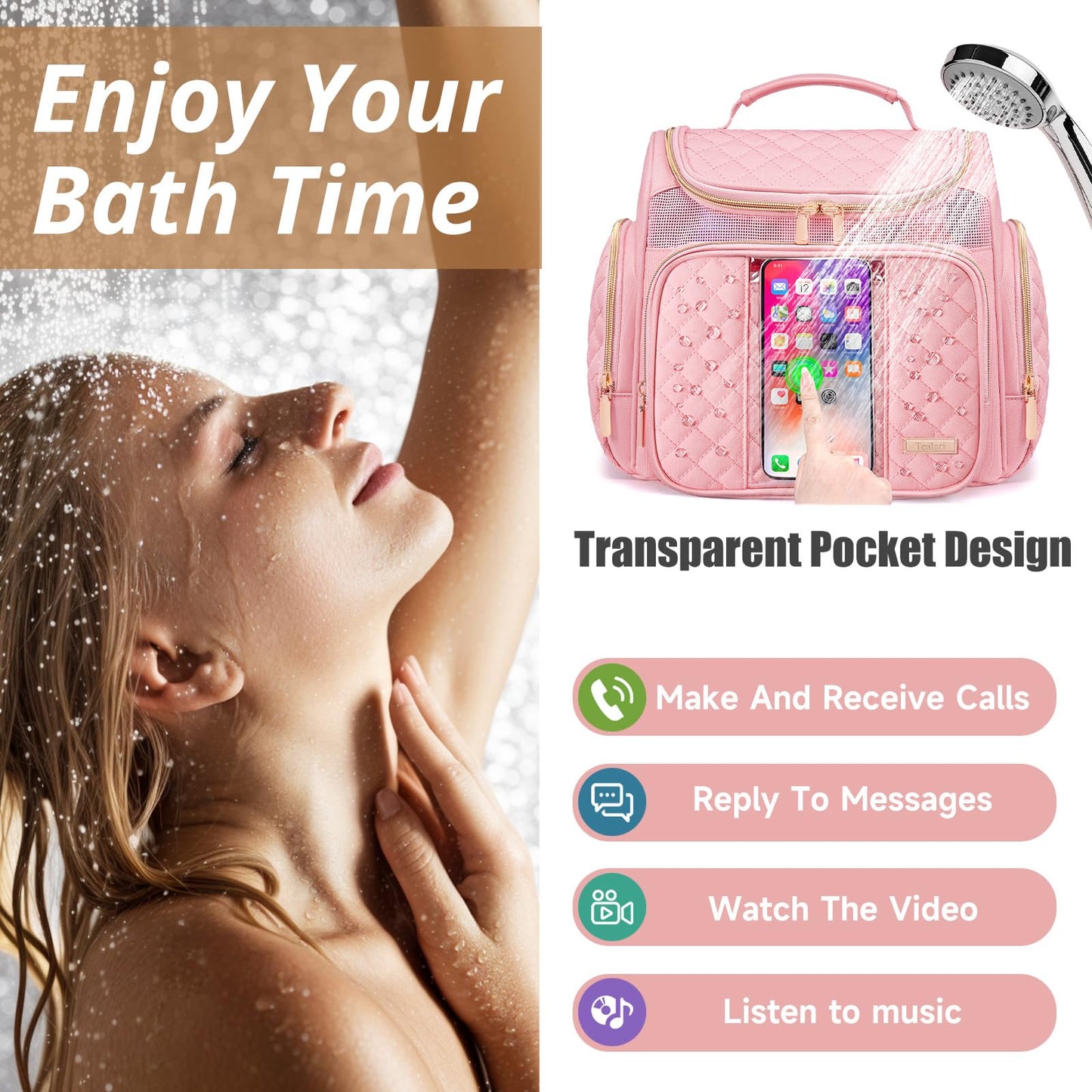 Tealari Large Toiletry Bag for Women Men,Bathroom Bag,Water Resistant Shower Bag,Makeup Bag,Portable Shower Caddy for College Dorm,Hanging Travel Toiletry Bag with Transparent Waterproof Phone Pocket