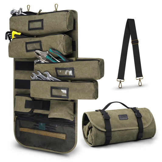 ARCFOX Vintage Canvas Roll Up Tool Bag Organizer, 4 Labels Removable Large Pouches, 1 Small Zipper Pouch & Magnetic Wristband, Portable Tool Roll Bag for Mechanic, Electrician, Carpenter, Motorcycle