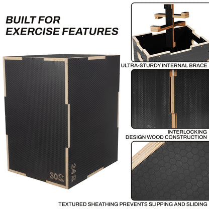 Fitvids 24" x 20" x 16" Non-Slip Wooden Plyo Box Jump Exercise Platform, Plyometric Workout Equipment for Home Gym, Training Step Box, Black