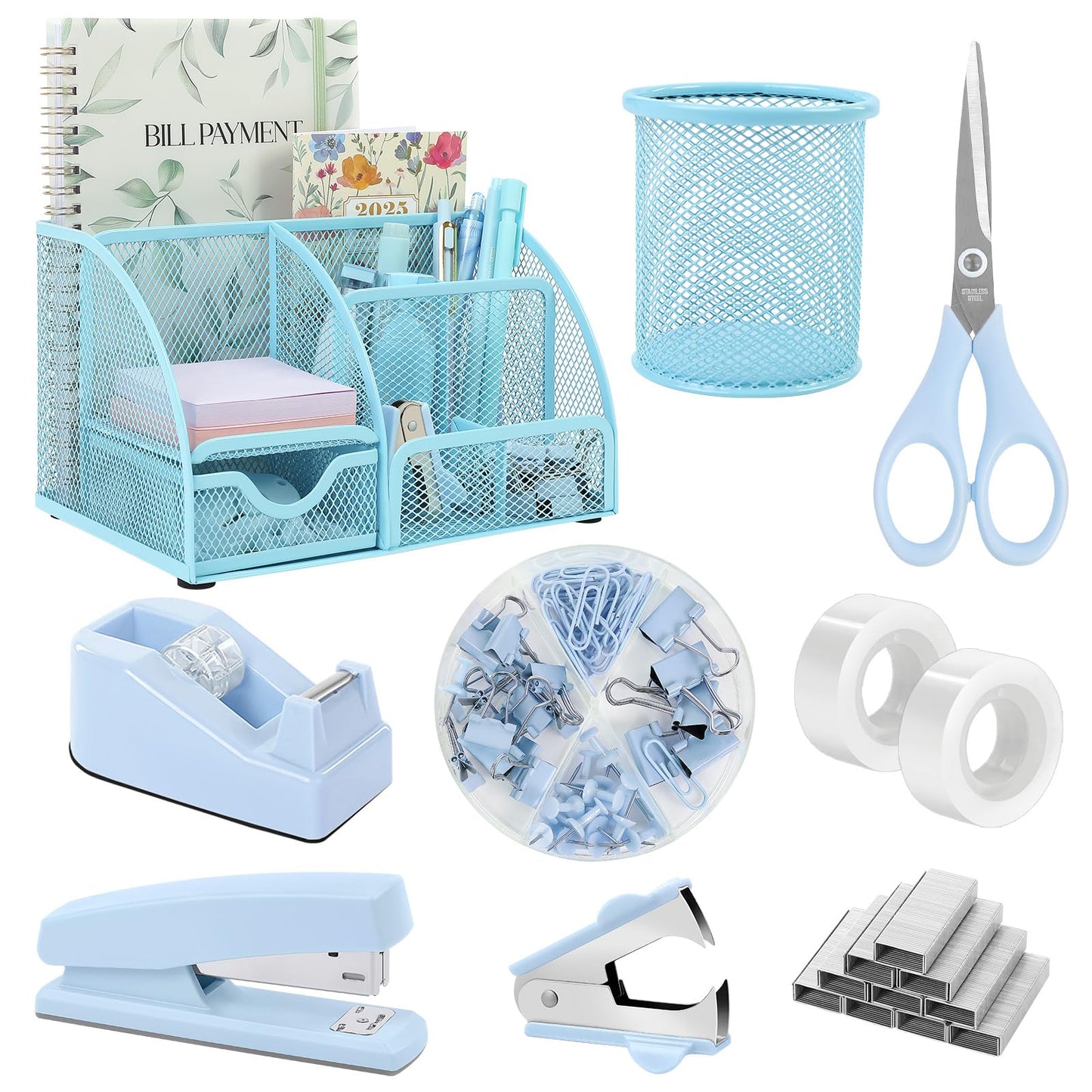 SKYDUE Blue Office Supplies Set, Office Desk Accessories, Mesh Desk Organizer, Stapler, Tape Dispenser, Scissors, Binder/Paper Clips and 1000pcs Staples, Office Supplies for Teacher