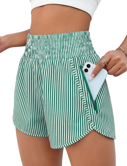 BMJL Women's Athletic Shorts High Waisted Running Short Pocket 2.5" Sporty Shorts Gym Elastic Workout Shorts(XL,Green Striped)