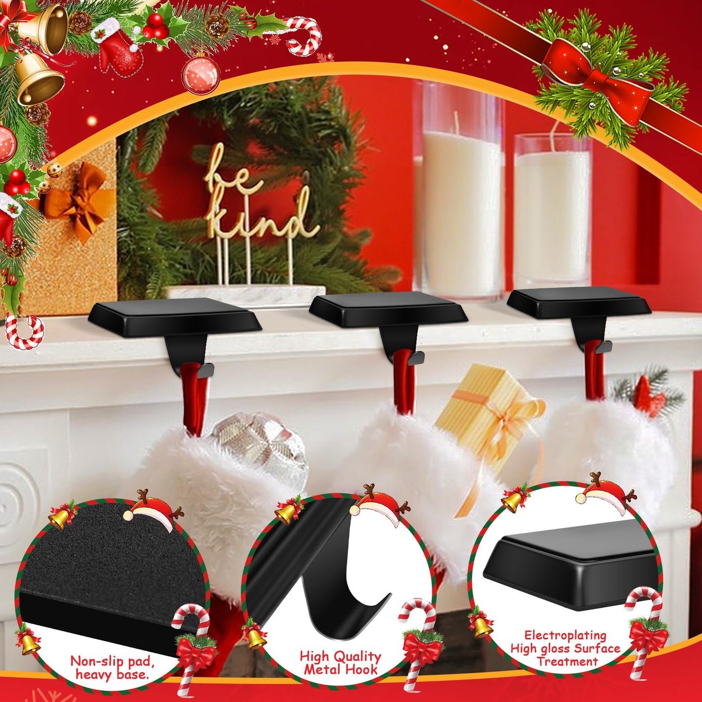ToiULik Set of 6 Metal Christmas Stocking Holders for Mantle Heavy Duty Stocking Hangers Stocking Hook Christmas Ornaments for Counter Tables Window Fireplace Mantle Decoration(Black)