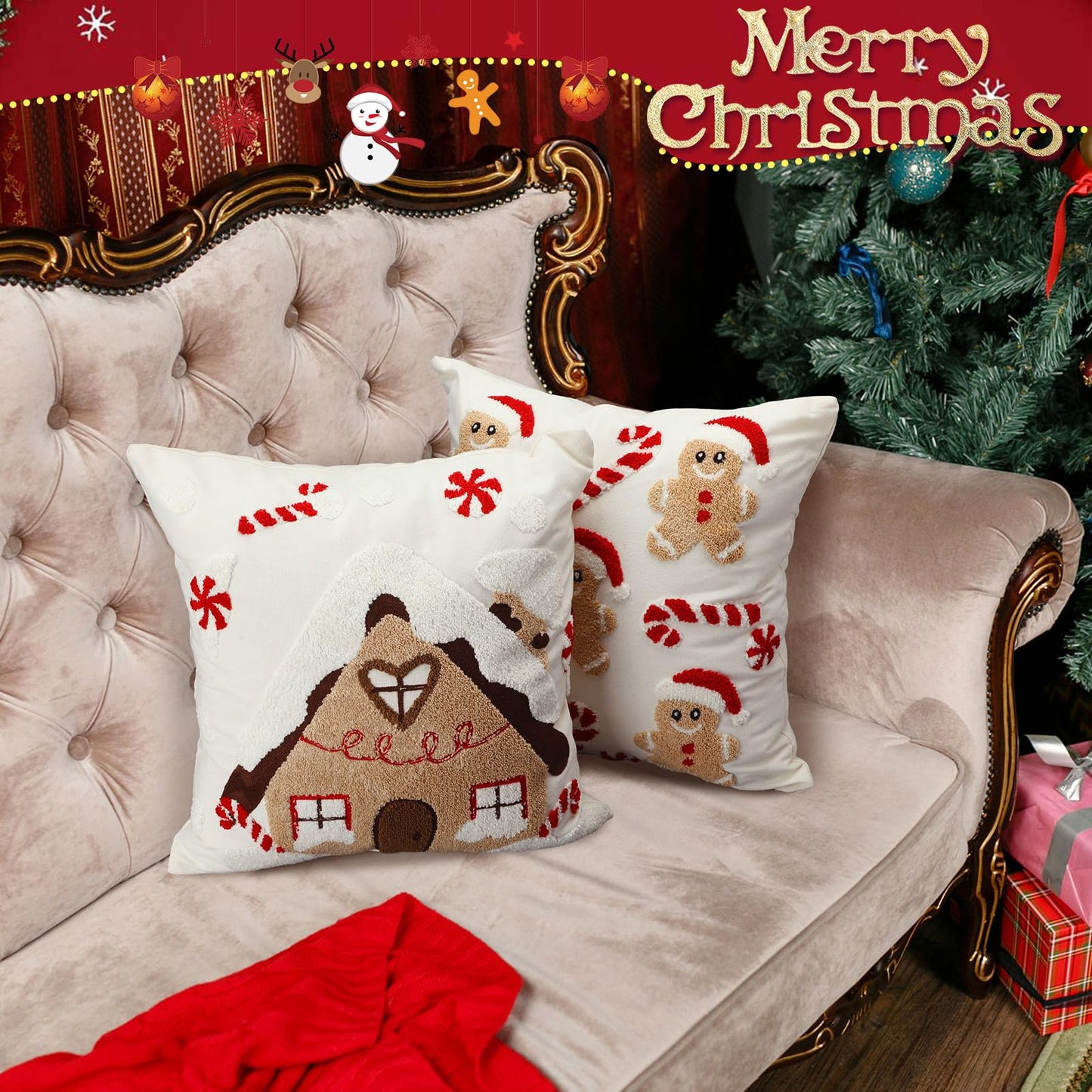 Breling 2 Pack Christmas Pillow Covers 18 x 18 Inch 3D Embroidered Gingerbread Man Throw Pillow Cover Christmas Gingerbread House Tufted Cushion Case Decorative Holiday Decor for Home Couch Bed Sofa