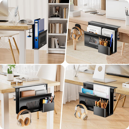Litwaro Desk Side Storage, No Drill Laptop Holder with Magnetic Pen Holder, Clamp on Laptop Mount with Sticky Headphone Stand, Hanging Organizer for Office, Fits Flat Table Edge 0.4" to 2" (Black)