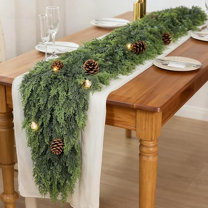 9FT Real Touch Cedar Garland for Fireplace - Artificial Christmas Garlands Realistic Faux Greenery Fake Pine Needles Garland for Holiday,Table, Window,Mantel,Stairs, Home,Indoor Outdoor Decor (2PCS)