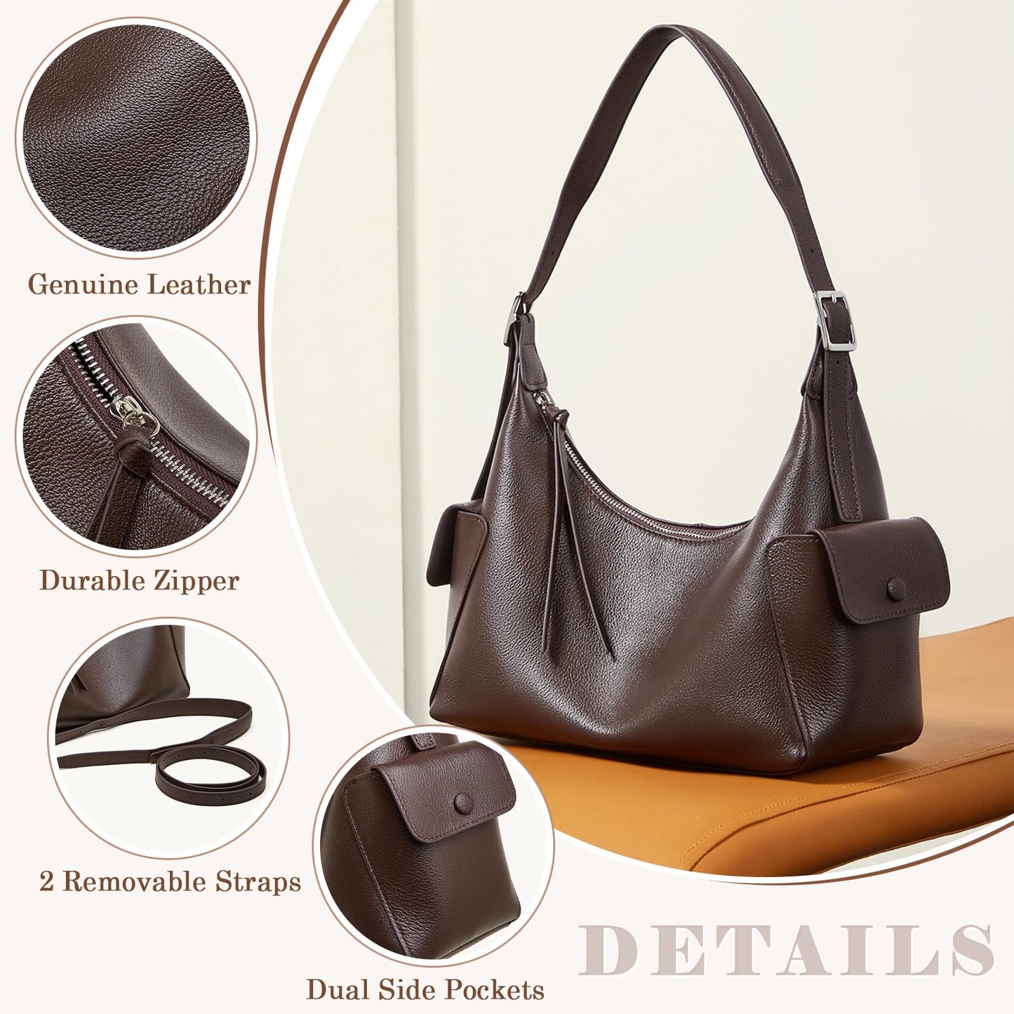MFFOR Genuine Leather Hobo Bags, Tote Bag for Women, Slouchy Shoulder Purse, Crossbody Bags with 2 Removable Strap (Coffee)