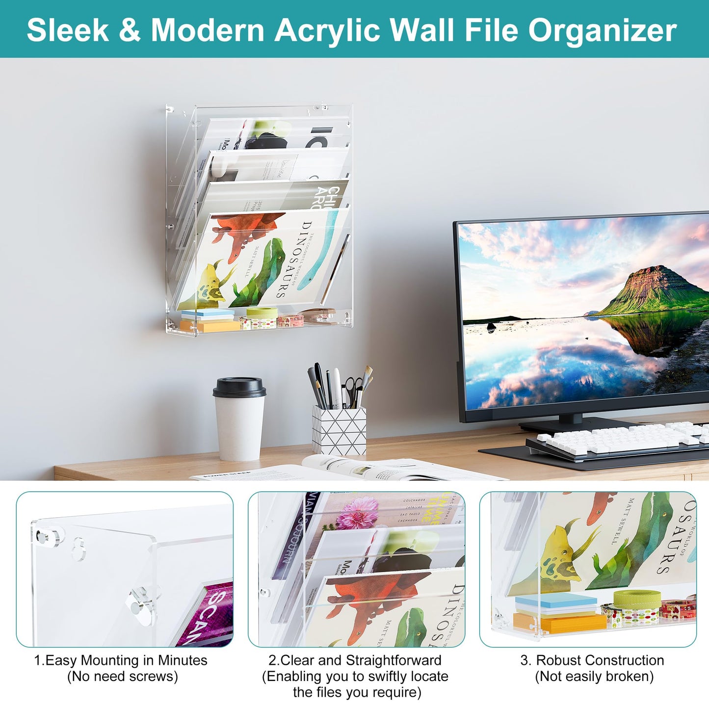 Solinxe Clear Desk File Holder, 5 Tier Acrylic Hanging Wall File Mail Document Organizer, Vertical Paper Organizer, Magazine Newspaper Rack for Office, Home, Classroom