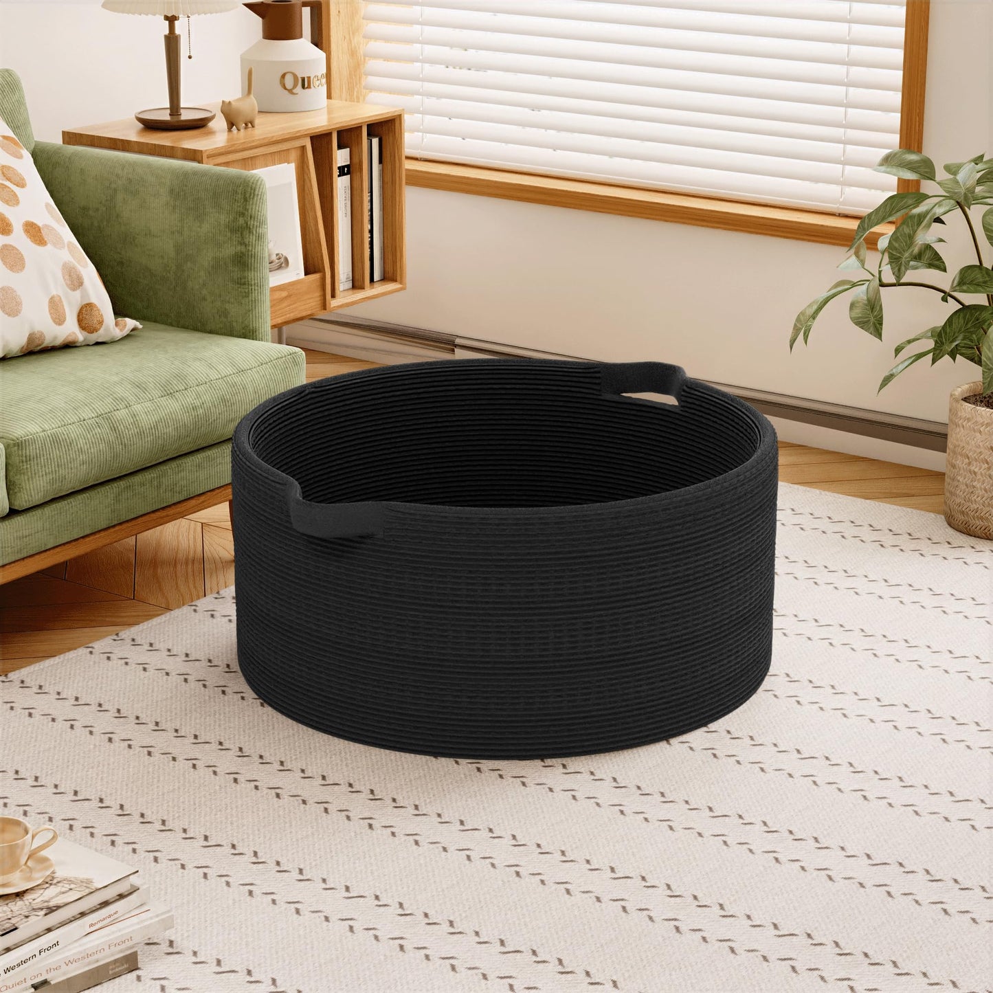 GOPAS 125L Extra Large Blanket Basket, 25" x 16", Jumbo Laundry Woven Baskets Decorative Home, Cotton Rope Basket with Handles, Baby Toy Baskets for Storage, Black