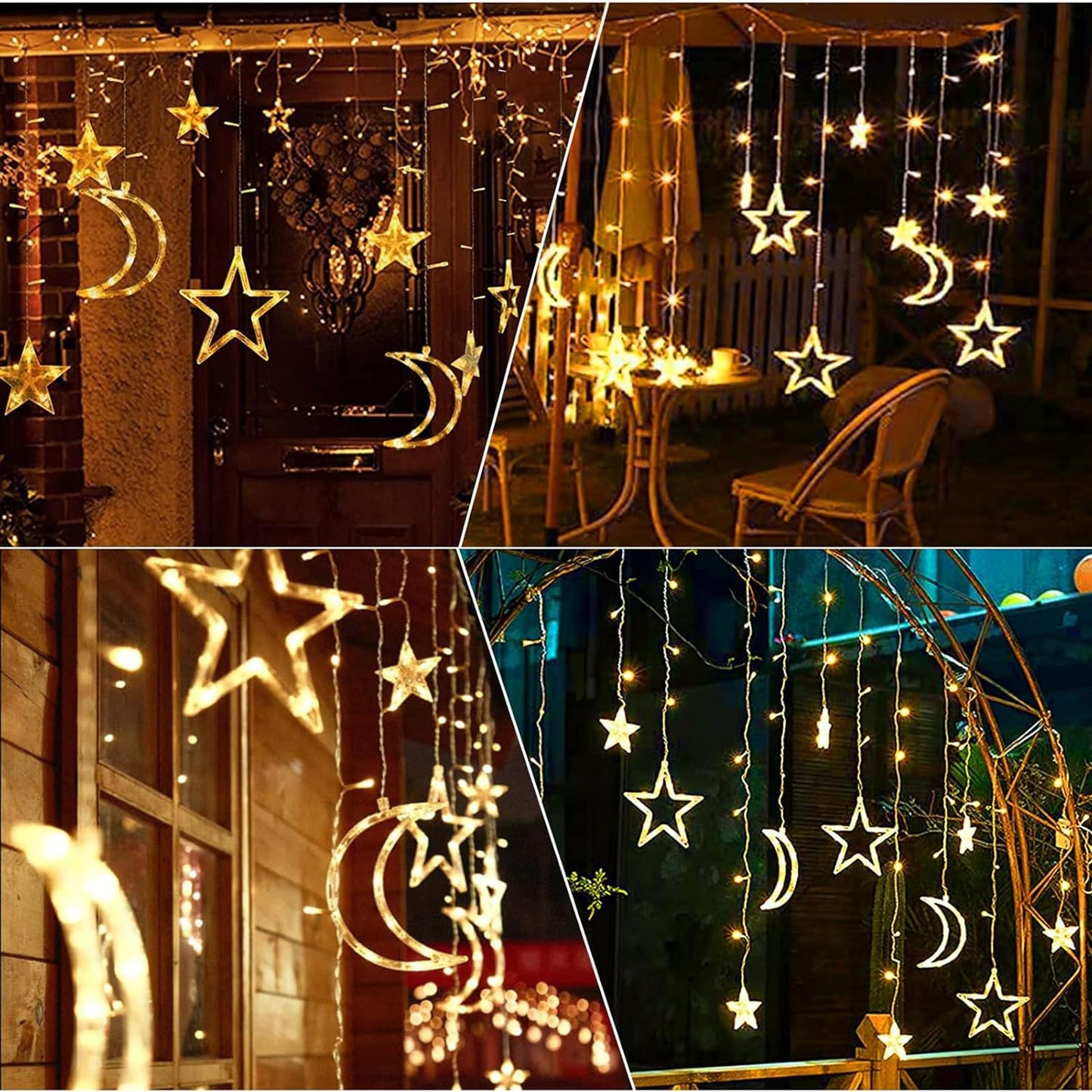 XINXIANLIAN 138 LED Ramadan Decorations Light Solar Moon Star Lights String Light Outdoor Waterproof Solar Powered Curtain Lights with 8 Modes Ramadan Hanging Decor for Patio (Warm White)