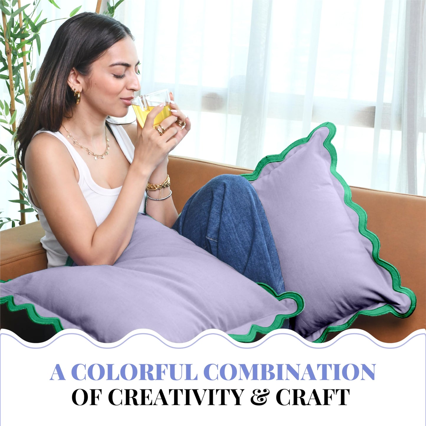 Folkulture Throw Pillow Covers | (18 x 18) Set of 2 Cotton Scallop Pillow Cover | Decorative Pillows for Living Room | Cute Outdoor | Boho Throw Pillows Standard Size for Counch