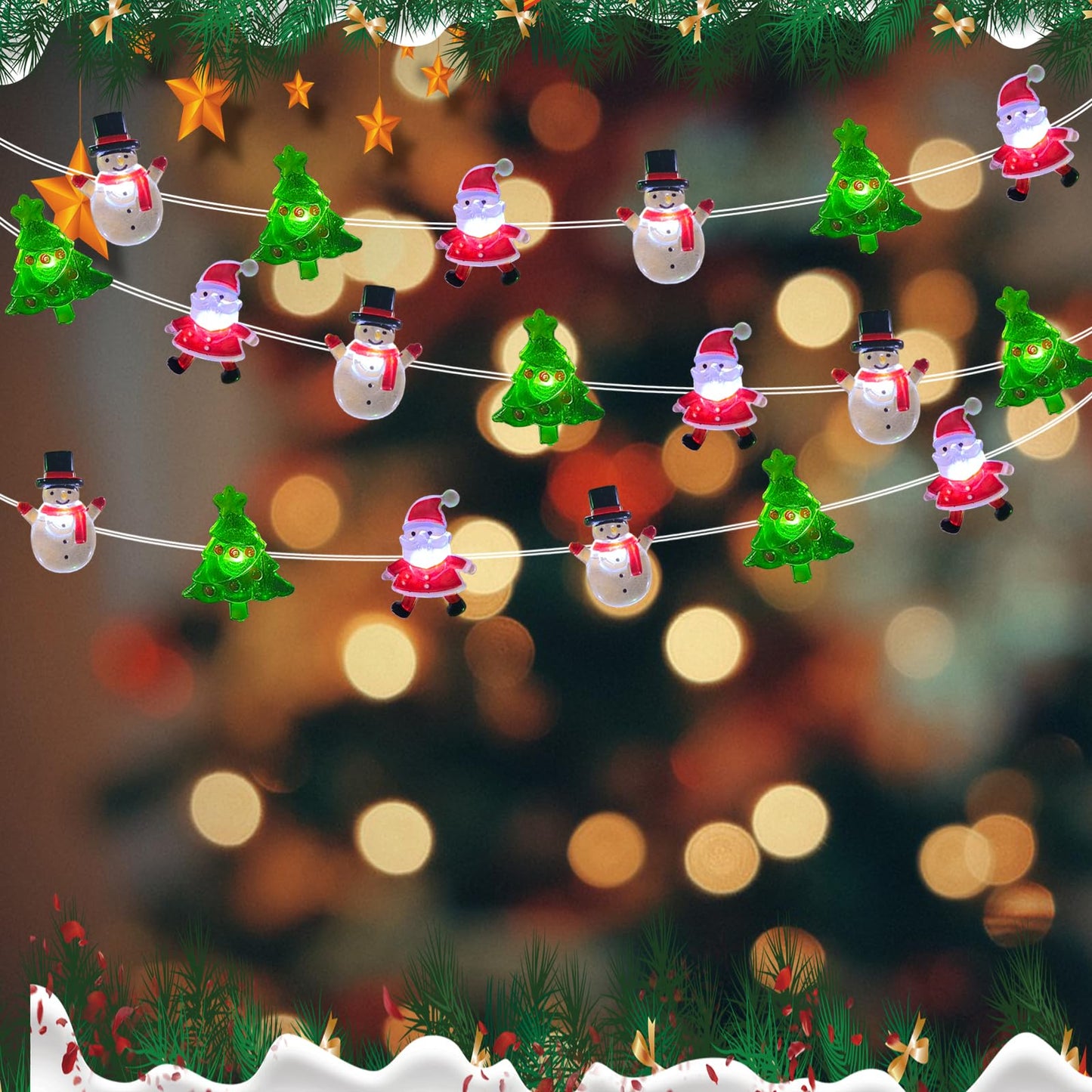 50 LED Snowman Santa Claus Christmas Tree String Lights- 17FT Christmas Fairy Lights with 8 Modes & Timer, Battery Operated Xmas Light for Indoor Outdoor Party Holiday Tree Bedroom Home Decor