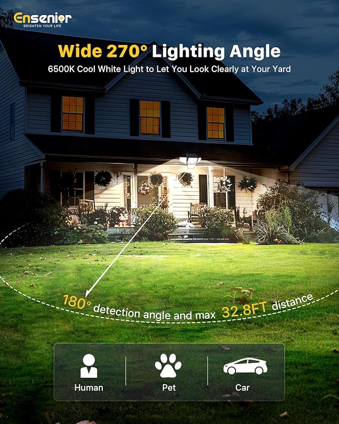 Ensenior Solar Lights Outdoor, IP65 Waterproof Motion Sensor Outdoor Light with Remote Control, 279 LED 4 Heads Solar Security Light with 4 Mode, 270° Wide Angle Solar Flood Light for Outside, 2 Packs