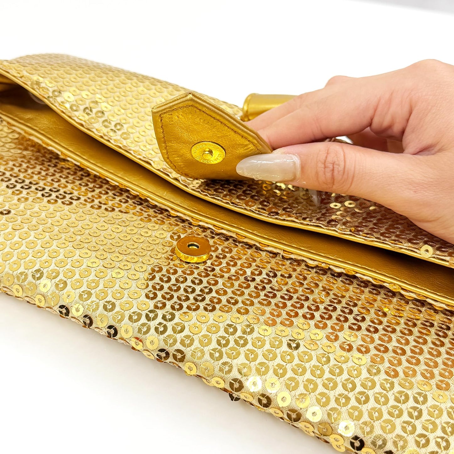 Evening Clutch Bag for Women, Sequin/Patent Leather/Woven PU Leather Clutch with Metal O-Ring Buckle Closure (Gold Sequin)