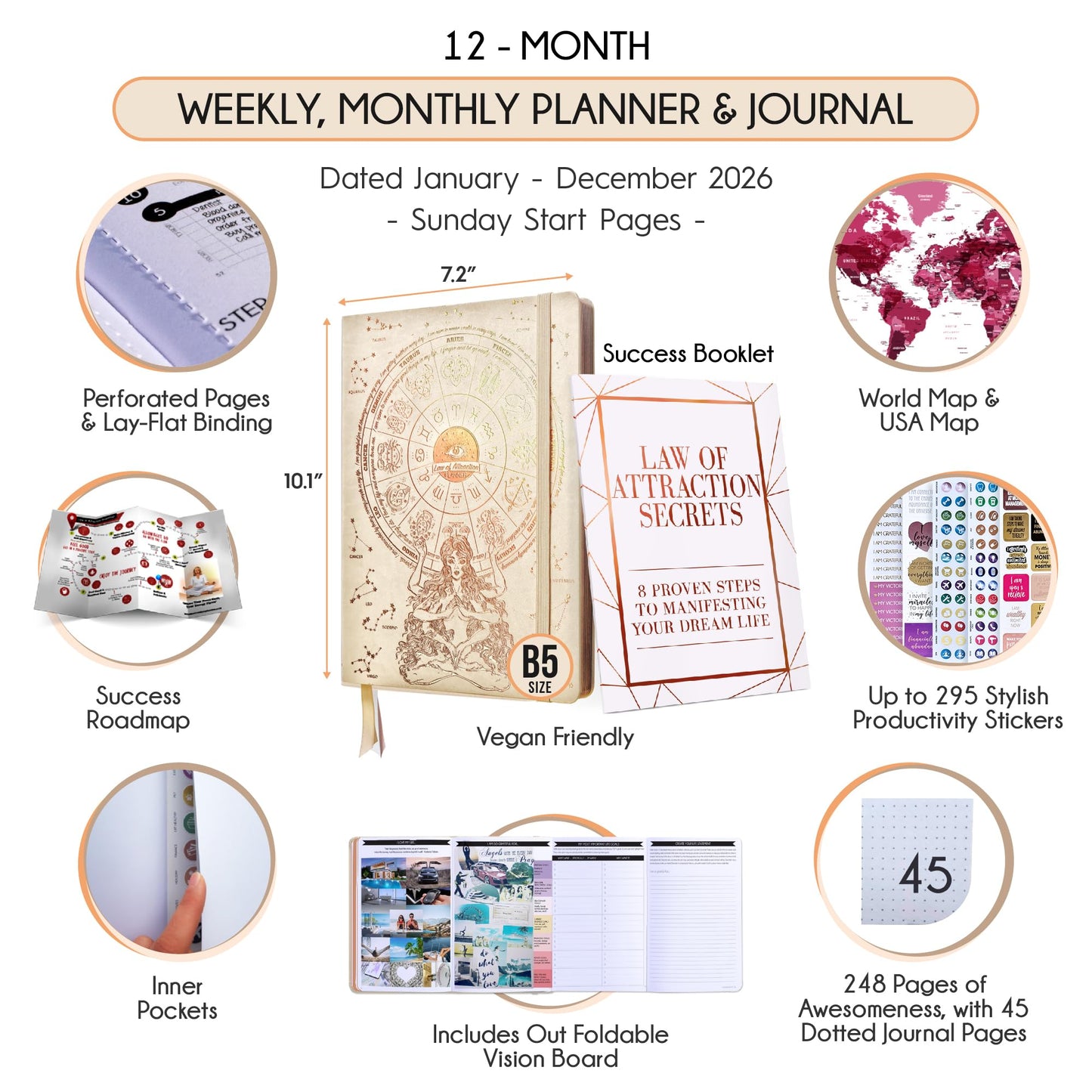Deluxe 2026 Planner Weekly and Monthly | Law of Attraction Planner with Productivity App | 12-Month for Productivity, Gratitude & Goal Setting | Includes Foldable Vision Board, Gift Box & Stickers
