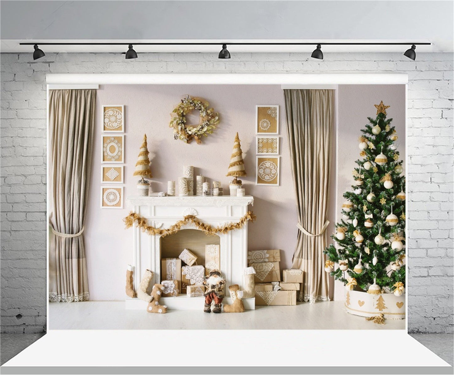 AOFOTO 10x7ft Christmas Interior Decoration Backdrop Holiday Xmas Tree Fireplace Gift Garland Wreath Photography Background Chic Snowflake Crafts Stockings Gift Box Photo Studio Props Vinyl Wallpaper