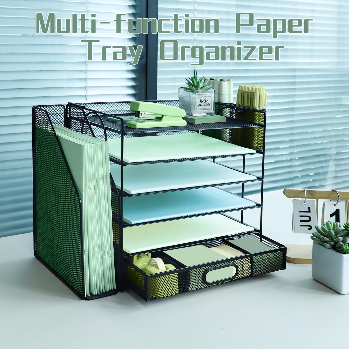 6 Tier Desk File Organiser with Extra Vertical File Sorter, Paper Letter Tray with Top Stationery Drawer Holder, A4 Paper Desktop Filing Trays, Magazine Document Holder for Home Office, Black