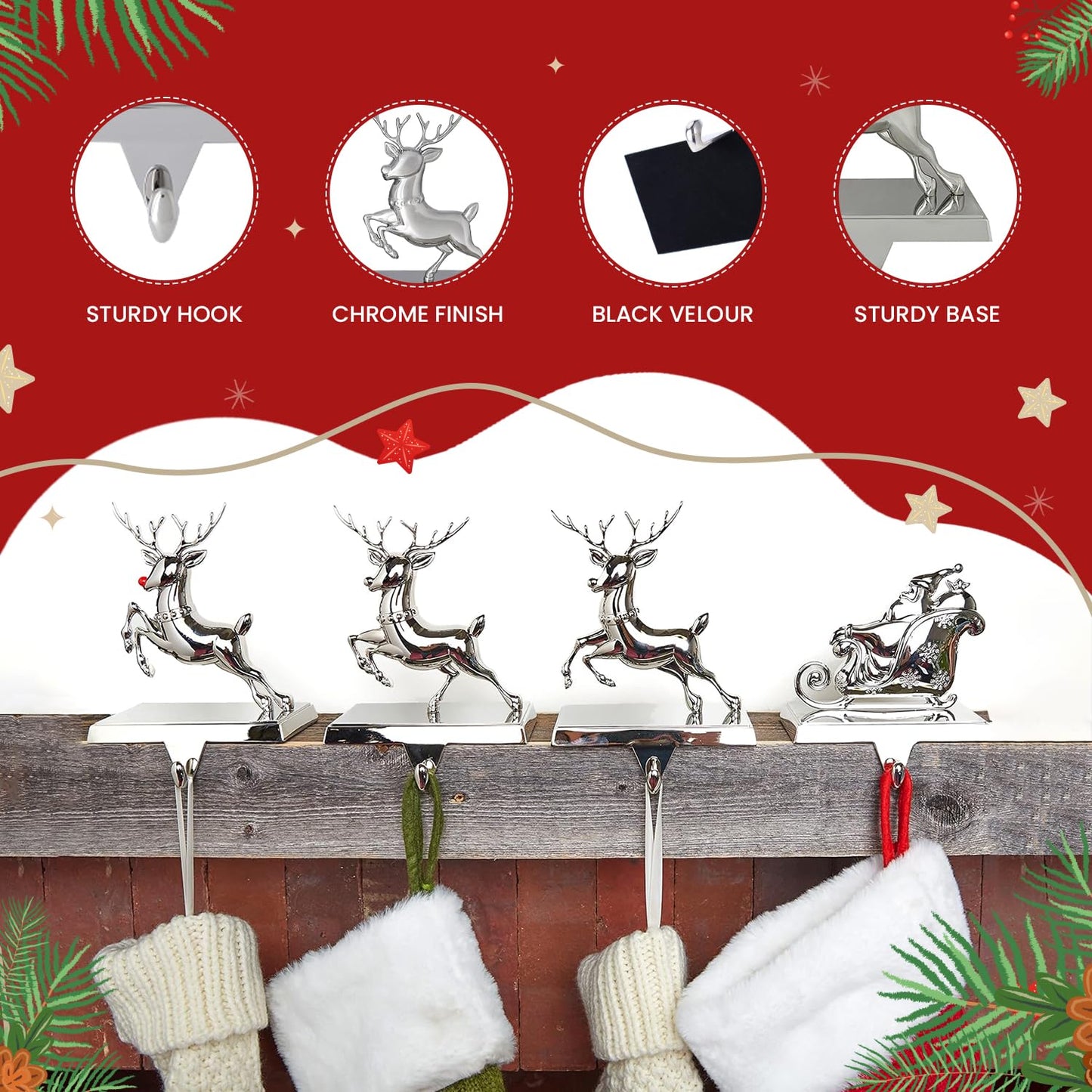K9King Christmas Stocking Holder Set of 4 - Santa’s Sleigh Rudolph The Red Nose Reindeer Christmas Decorations Decorative Metal Hanger for Stockings Holiday Mantle Decor