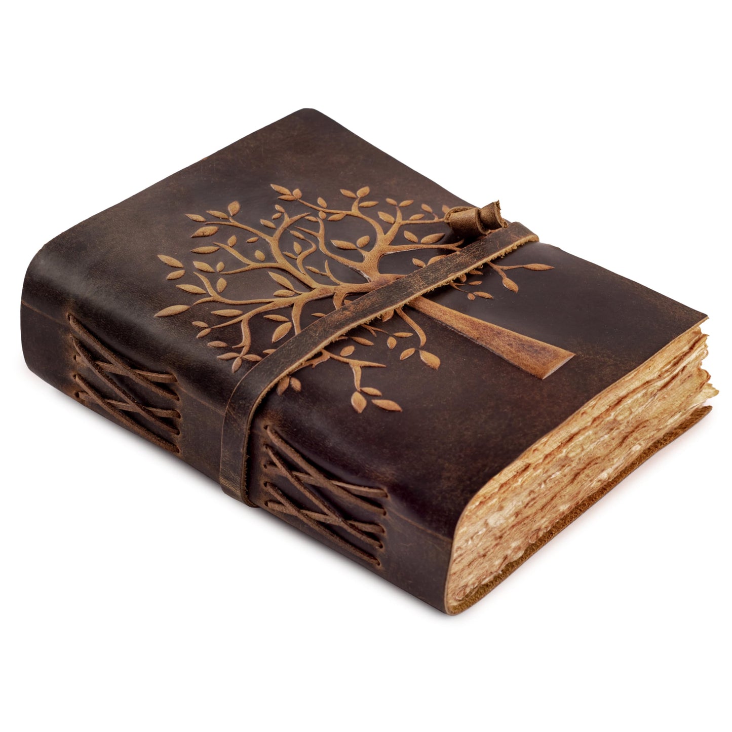 LEATHER VILLAGE Tree of Life Journal - 8 X 6 (A5) inches - Rustic Brown - 200 Antique Deckle Edge Handmade Paper – Book of Shadows - Vintage Leather Bound Journal for Women & Men