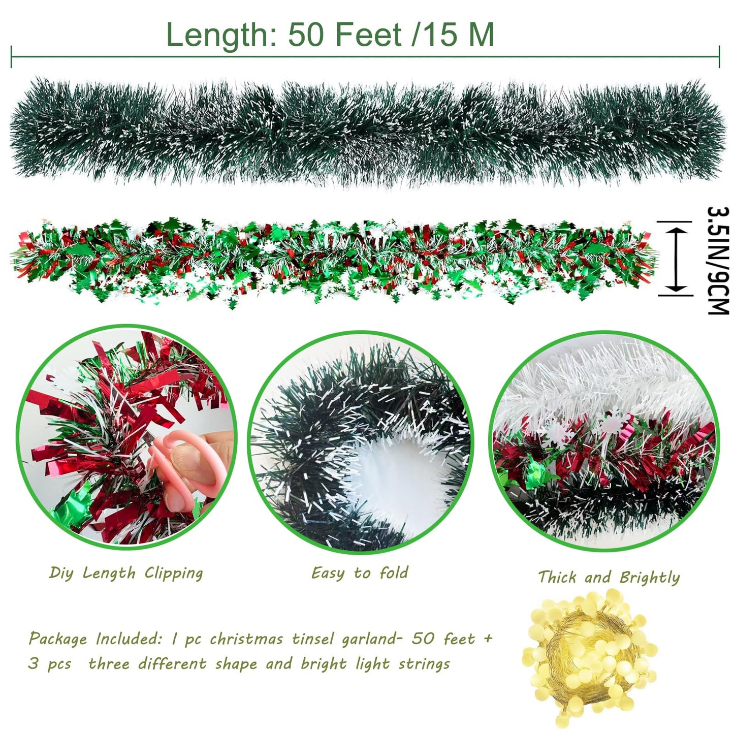 LKBBC Christmas Tinsel Garland with Light, 50 FT Metallic Tinsel Twist Garland Shiny Hanging Decor for Home Window Fireplace Indoor Outdoor, Xmas Ornaments Christmas Tree Decoration,White
