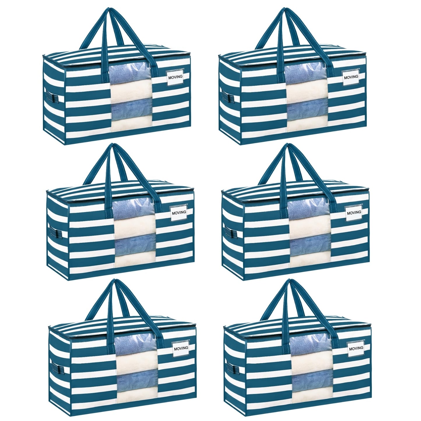 VENO 6 Pack Heavy Duty Moving Bags, Clothes and Comforter Storage Bags with Clear Window, College Dorm Essentials Packing Supplies, Foldable Boxes Alternative (Classic Navy Stripe, 6 Pack)