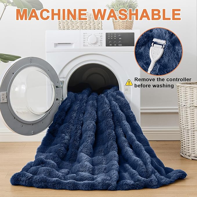 Heated Blanket Electric Throw Blanket 50''X 60''-Heating Blanket with 6 Heat Settings-4 Hours Auto Off,Cozy Faux Rabbit Fur Bubble Electric Blanket,Navy Blue