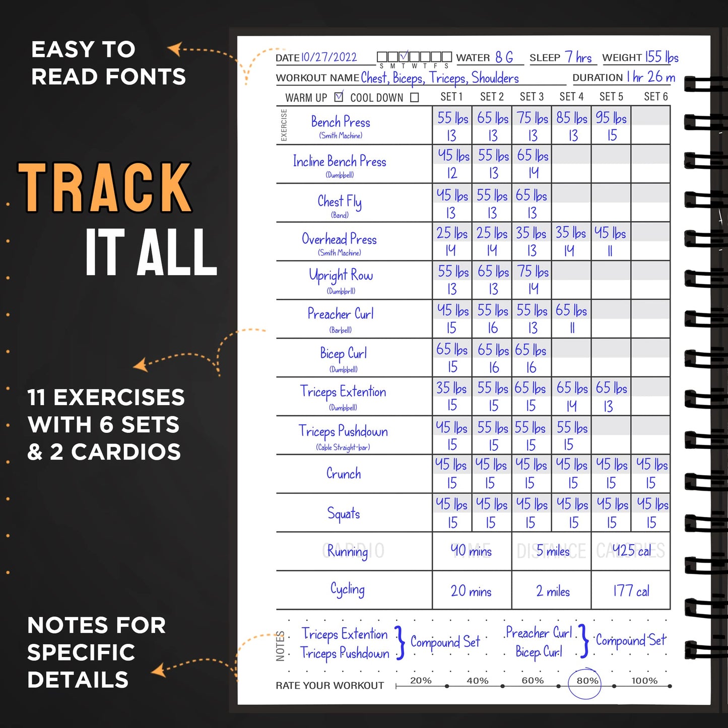 Nextnoid Hardcover Fitness Planner Workout Journal for Men & Women - A5 Sturdy Fitness Log Book to Track Gym & Home Workouts - Separately Packaged 2 Pieces