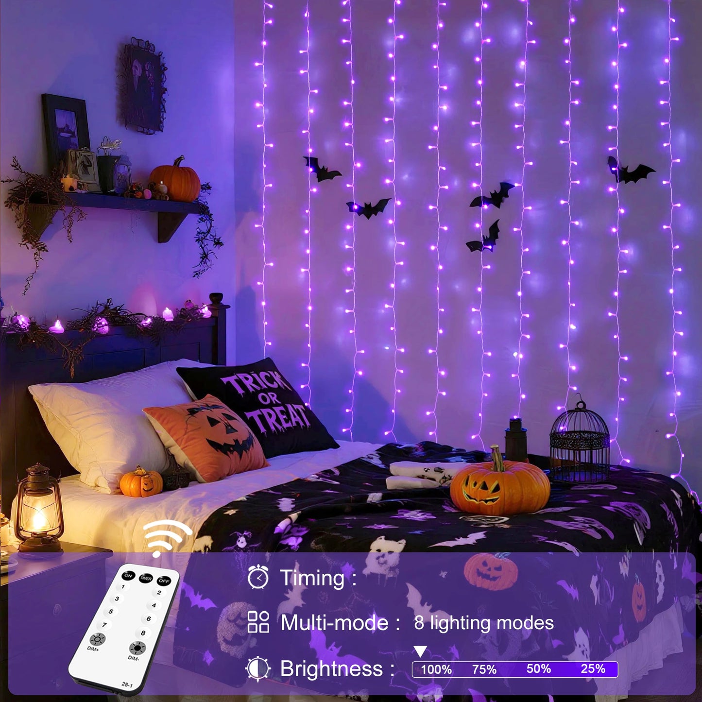 JMEXSUSS 300LED Purple Halloween Lights with Remote, 9.8x9.8ft Curtain Lights Plug in, 8 Modes Hanging String Lights for Indoor, Outdoor, Bedroom, Window, Party, Backdrop, Xmas, Halloween Decorations