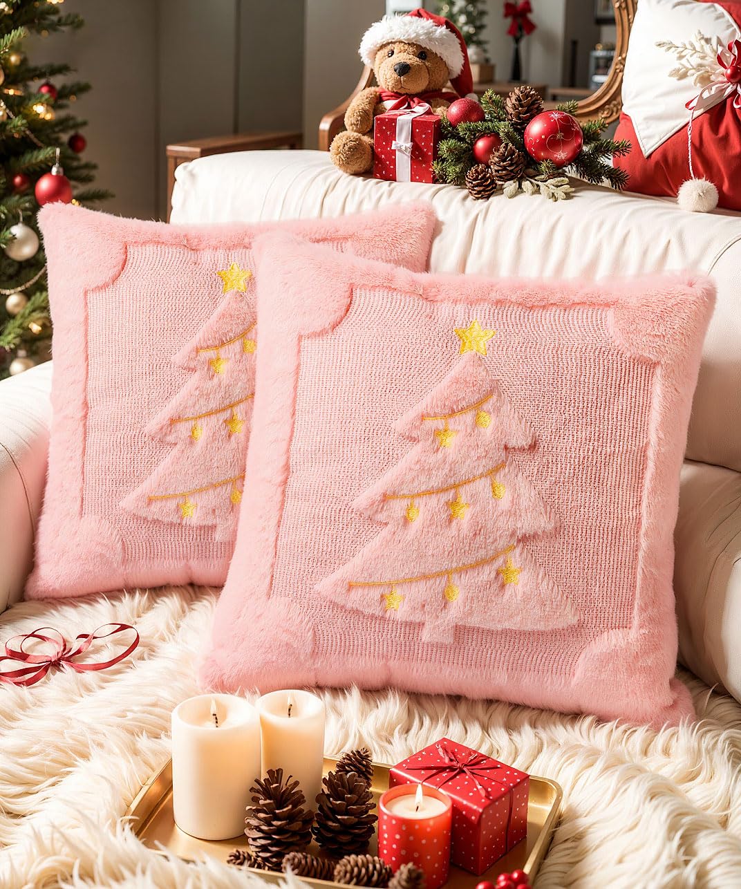 SEGXCFL Christmas Pillow Covers Set of 2 Soft Plush Faux Fur Pillow Cases 3D Embroidered Decorative Couch Cover Home Decor Christmas Throw Pillow Covers 18x18,Pink Christmas Tree