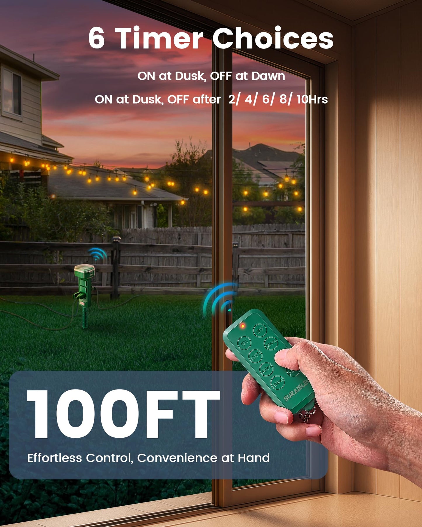 SURAIELEC Outdoor Power Stake Timer Waterproof, 100FT Wireless Remote Control, Dusk to Dawn Timer, 6 Grounded Plug Outlets, Power Strip for Christmas Lights, Garden, Patio, Outdoor Lights, 6FT
