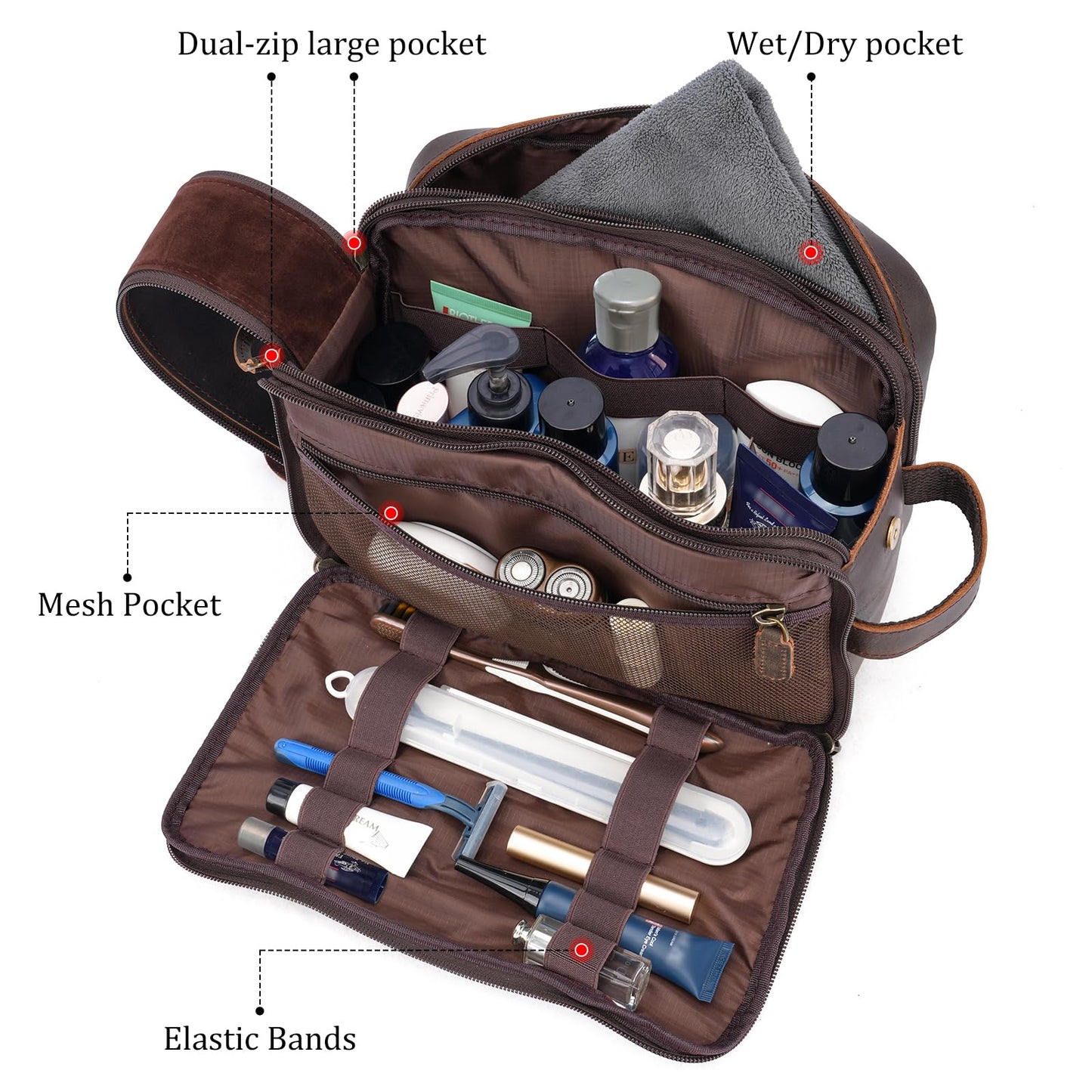 Polare Full Grain Leather Toiletry Bag for Men, Portable Travel Dopp Kit, Large Shaving Kit Organizer Cosmetic Case, Wash Pouch with YKK Zippers