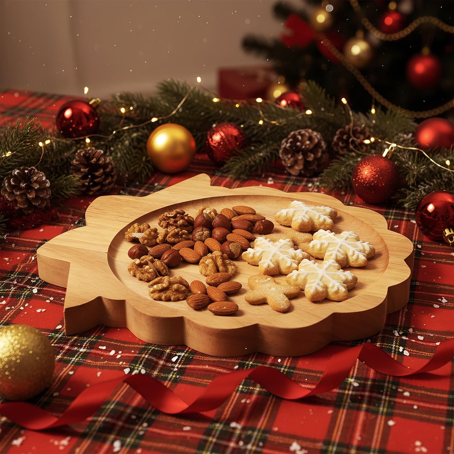 Bokon 12" Wreath Christmas Charcuterie Board Wooden Cutting Board Xmas Serving Platter Tray Cookie Plate for Cheese Bread Dessert Fruit, Gift for Christmas Party Holiday Decoration(Rubber Wood)