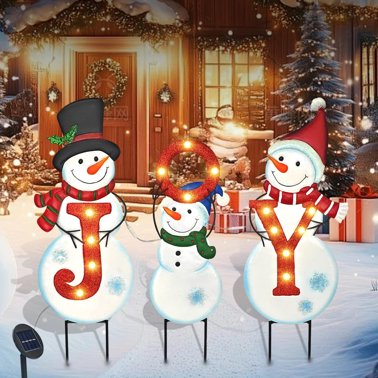 Christmas Outdoor Yard Signs Decorations, LED Solar Metal Garden Stake Lights with Joy for Patio Lawn Christmas Decor (Snowman Family)