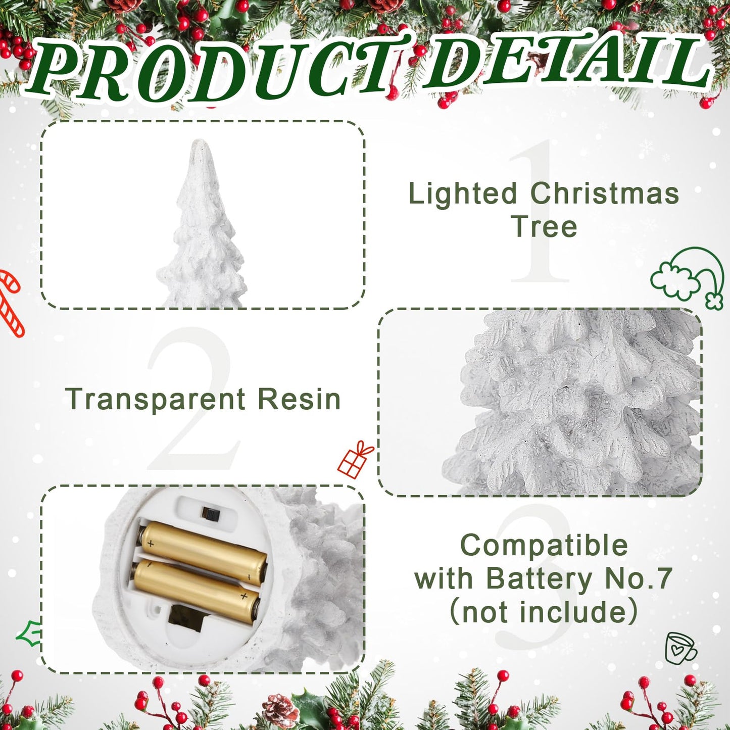 Flutesan 3 Pcs White Christmas Tree Figurines with Lights 11" /9" Tabletop Glittered Resin Village Pine Figurine Light Up Battery Operated Centerpieces Winter Holiday Decor for Table Mantel Home