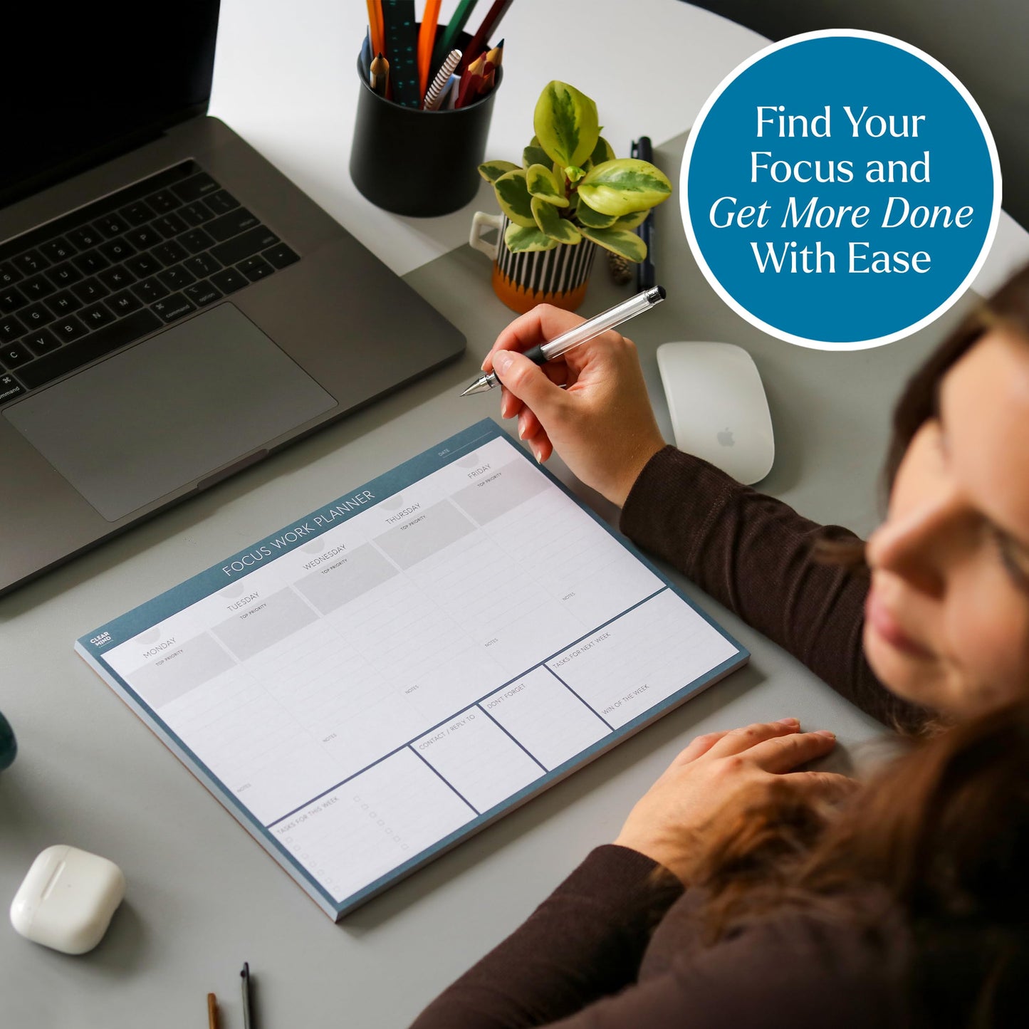 Clear Mind Concepts Focus Work Planner - Weekly Productivity Desk Organizer, 52 Undated Tear-Off Sheets, Mon-Fri Layout, 11.7” x 8.3” - Track Priorities, Tasks, Notes & Goals for Office & Remote Work